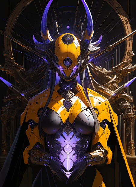masterpiece, best quality, newest, absurdres, highres, painting, mcnm, intricate mask, spikes, horns, yellow armor, soft purple glow, soft colors, detailed, <lora:Mechanism-Illustious:1.0>