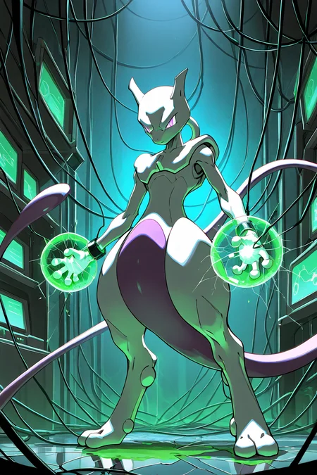 masterpiece, best quality, <lora:MewtwoPokedexIXL:1.0>, zzMewtwo, solo, no humans, laboratory, glowing containment tube, glowing green liquid, wires and cables, mysterious experiments, glowing purple eyes, breaking free, shattered glass, dramatic lighting, ominous atmosphere, sci-fi setting