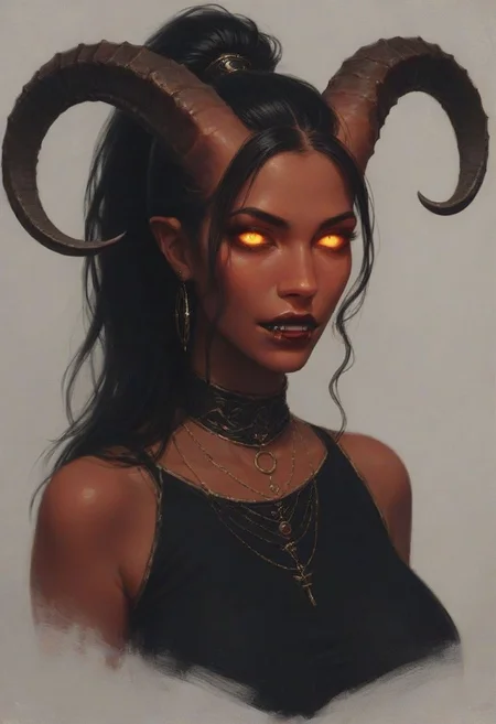 score_9, score_8_up, score_7_up, from front, 1girl, tiefling, dark red skin, big horns, big tail, cleric robes, ornate headdress, holy symbols, glowing eyes, fangs, (large breasts:1.0), upper body, portrait
4z0l4, black hair, lipstick, makeup, ponytail, topknot,