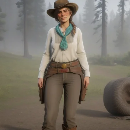 Sadie Adler, red Dead Redemption 2, woman, female character, cowgirl, campfire, wild west, outlaw, Oregon trail, daylight, Wyoming, beautiful face, brown eyes, natural face, freckles, outdoors, photorealistic, natural eyebrows, morning, sunrise, show full body, sexy cowgirl, forest, lake, lakeside, cowgirl boots, cowgirl pants, belly, smile, happy, visible belly, sexy belly, topless, nude, brown nipples , nipples, braless