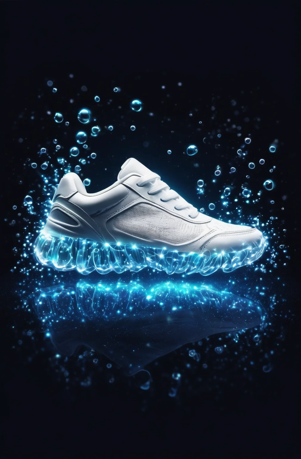 sneakers, bioluminescent, bright luminescence white light, made out of light beams, bubbles, particles, sparkles, glitch