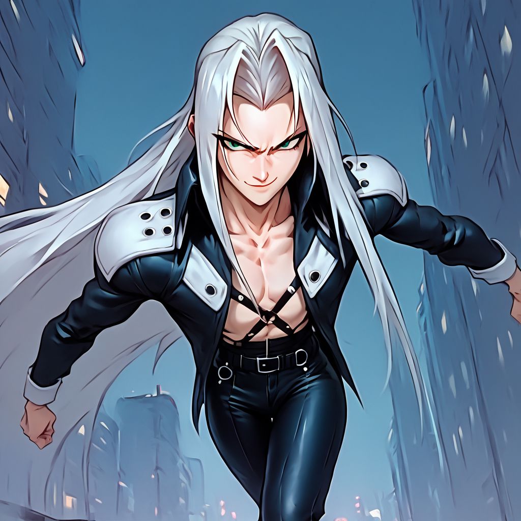score_9, score_8_up, score_7_up, flightless detailed closeup action shot, from above, Sephiroth leaping through the air swinging very long sword in a wide overhead arc, smug expression, dynamic pose, exaggerated perspective emphasizing action, in an industrial city at night, dim street lighting, solo, beautiful, androgynous, flat chest, leather straps, broad shouldered, leather coat, high contrast, industrial cityscape background,