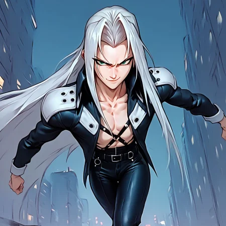 score_9, score_8_up, score_7_up, flightless detailed closeup action shot, from above, Sephiroth leaping through the air swinging very long sword in a wide overhead arc, smug expression, dynamic pose, exaggerated perspective emphasizing action, in an industrial city at night, dim street lighting, solo, beautiful, androgynous, flat chest, leather straps, broad shouldered, leather coat, high contrast, industrial cityscape background,