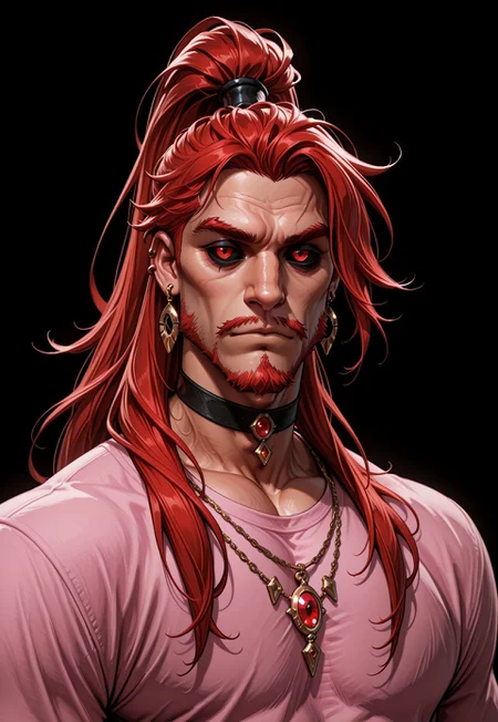 masterpiece, best quality, very aesthetic, absurdres, VD1F4NT4, 1boy, male focus jewelry, red eyes, solo, red hair, necklace, choker, shirt, facial hair, long hair, ponytail, colored sclera, black background, black sclera, earrings, pink shirt, upper body, , looking at viewer, bishounen,