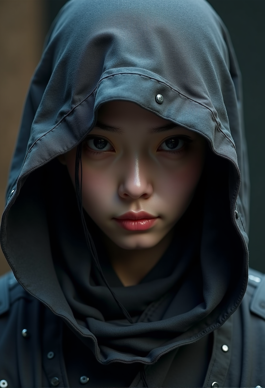 Super face Closeup Portrait, Sci-fi Darkness By He Xiaofeng, a quiet Fighter, feudal Ninja,, robotic shinobi shMzoku suit, 
