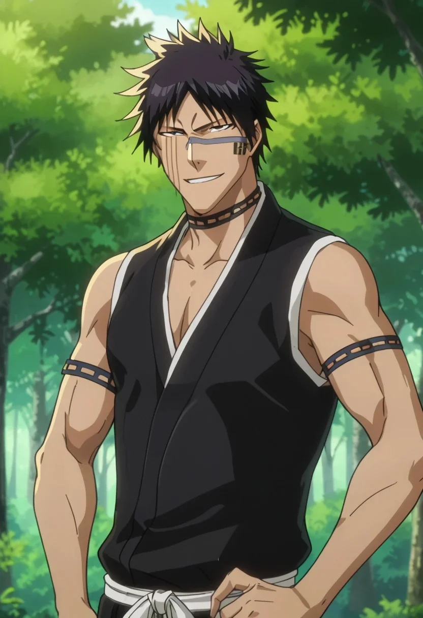 score_9, score_8_up, rating_nsfw, ultra hd, absurdres, best quality, ultra quality, masterpiece, masculine, solo, 1boy, male focus, best anatomy, best eyes, detailed eyes, best hands, hand with five fingers, mature male, anime screencap,
HisagiShuhei69, black sleeveless Kimono, upper body, sword hilt, forest, looking at viewer, smirk, detailed background