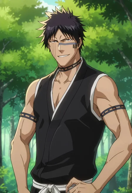 score_9, score_8_up, rating_nsfw, ultra hd, absurdres, best quality, ultra quality, masterpiece, masculine, solo, 1boy, male focus, best anatomy, best eyes, detailed eyes, best hands, hand with five fingers, mature male, anime screencap,
HisagiShuhei69, black sleeveless Kimono, upper body, sword hilt, forest, looking at viewer, smirk, detailed background