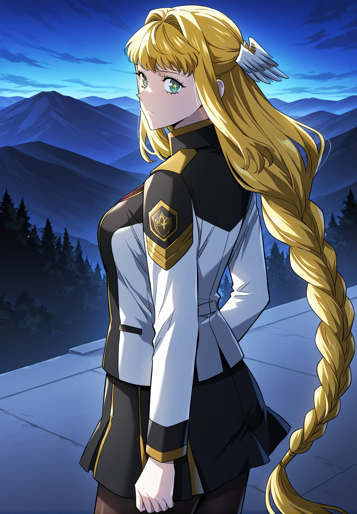 <lora:Dolores_Quovadis__Revenge_of_the_Iron-Blooded_Sword_Hound__Illustrious:1>
Dolores_Quovadis, 1 girl, solo, long hair straight hair, blonde hair, thick braid, long braid, straight fringe, wing hair ornament, green eyes, <lora:DetailedEyes_V3:1>, 
Dolores_Quovadis_uniform, academy uniform, black and white uniform, gold trim, high collar, long sleeves, black skirt, black tights, shoulder emblem, 
score_9, score_8_up, score_7_up, source anime, BREAK, cowboy shot, (from side), looking back, looking at viewer, overlooking mountain, high altitude, scenery, exterior, background, night, purple