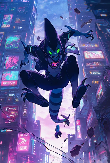 <lora:xlr8-08:1> xlr8, solo, green eyes, blue skin, black lips, stripped tail, 1boy, black mouth strip,, detailed background, black claws,    <lora:WSSKX_WAI:1> jumping, falling between buildings, character focus, dropping, smiling, between bulding, sky scrapers, neon cyberpunk city,, masterpiece, best quality, amazing quality, very aesthetic, absurdres, newest,