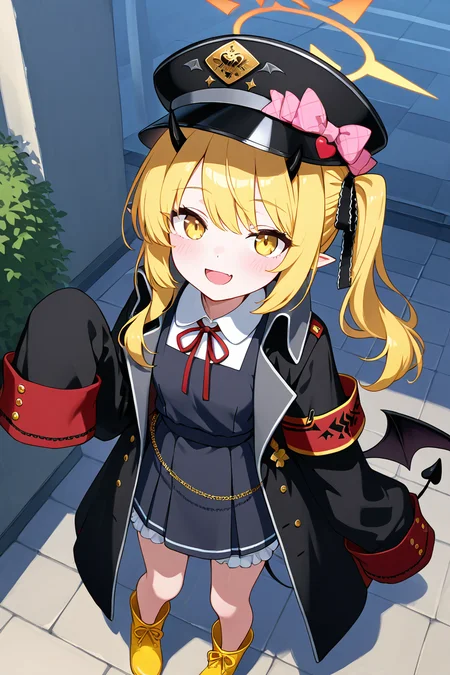 masterpiece, best quality, 1girl, solo, 21 year old model, eyelashes, (beautiful eyes), ,,, zzIbuki, yellow eyes, yellow halo, blonde hair, long hair, tail, side ponytail, horns, demon horns, black horns, hair ribbon, pointy ears, wings, demon wings, black wings, tail, demon tail, horns, black tail, demon horns, black horns, demon girl, low wings, hair ribbon, neck ribbon, black headwear, red ribbon, peaked cap, black coat, collared shirt, long sleeves, open coat, pinafore dress, sleeves past fingers, black dress, hat bow, white shirt, yellow footwear, boots, white shorts, oversized clothes, red armband, military hat, pink bow, <lora:IbukiBlueArchiveIXL:1.0>,upper body, smile, looking at viewer, shiny skin,