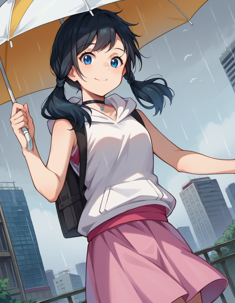 score_9, score_8_up, score_7_up, source_anime,
hinaamano, <lora:hina-amano-ponyxl-lora-nochekaiser:1>,
hina amano, black hair, twintails, blue eyes, smile,
skirt, jacket, sleeveless, choker, hood, bag, hoodie, white jacket, backpack, hood down, hooded jacket, pink skirt, sleeveless jacket, sleeveless hoodie,
outdoors, cityscape, raining, umbrella, holding umbrella,
looking at viewer, dutch angle, cowboy shot,