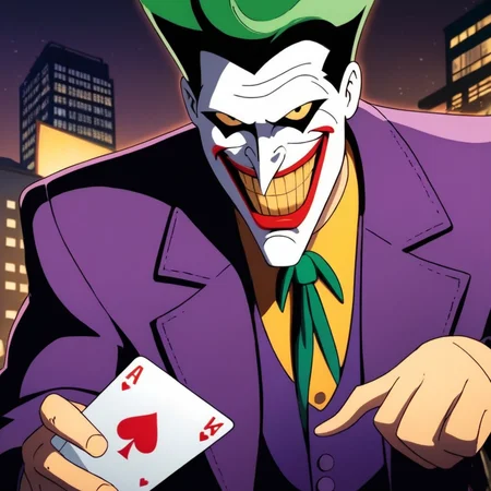 anime artwork of  <lora:Joker:1.2>
Joker a cartoon joker holding a playing card in his hand in Gotham city universe, anime style, key visual, vibrant, studio anime,  highly detailed