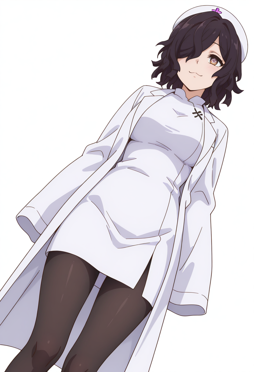 Smooth Quality,masterpiece,very intricate, high quality details, high detailed skin,detailed enviorement,absurdres, 
simple background, white background,dutch angle,
 :3,
 <lora:Kiclacnn:0.8>
Kiclacnn, 1girl, black hair, brown eyes, symbol-shaped pupils, short hair, hair over one eye, 
nurse cap, lab coat, slippers,black pantyhose, pink footwear, sleeves past wrists,