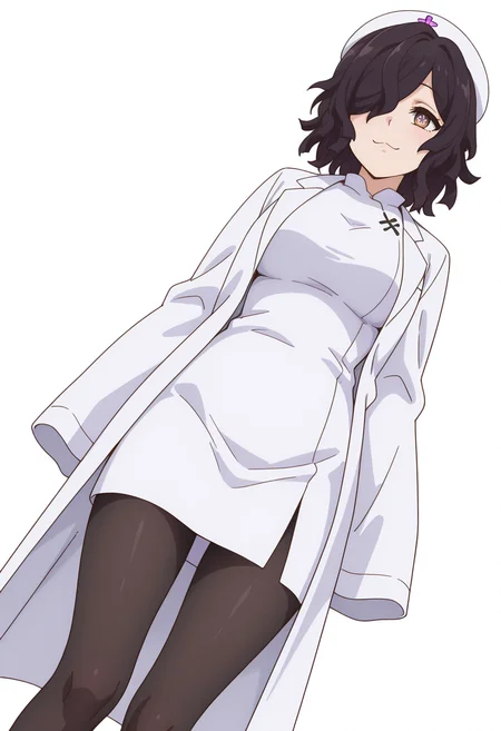 Smooth Quality,masterpiece,very intricate, high quality details, high detailed skin,detailed enviorement,absurdres, 
simple background, white background,dutch angle,
 :3,
 <lora:Kiclacnn:0.8>
Kiclacnn, 1girl, black hair, brown eyes, symbol-shaped pupils, short hair, hair over one eye, 
nurse cap, lab coat, slippers,black pantyhose, pink footwear, sleeves past wrists,