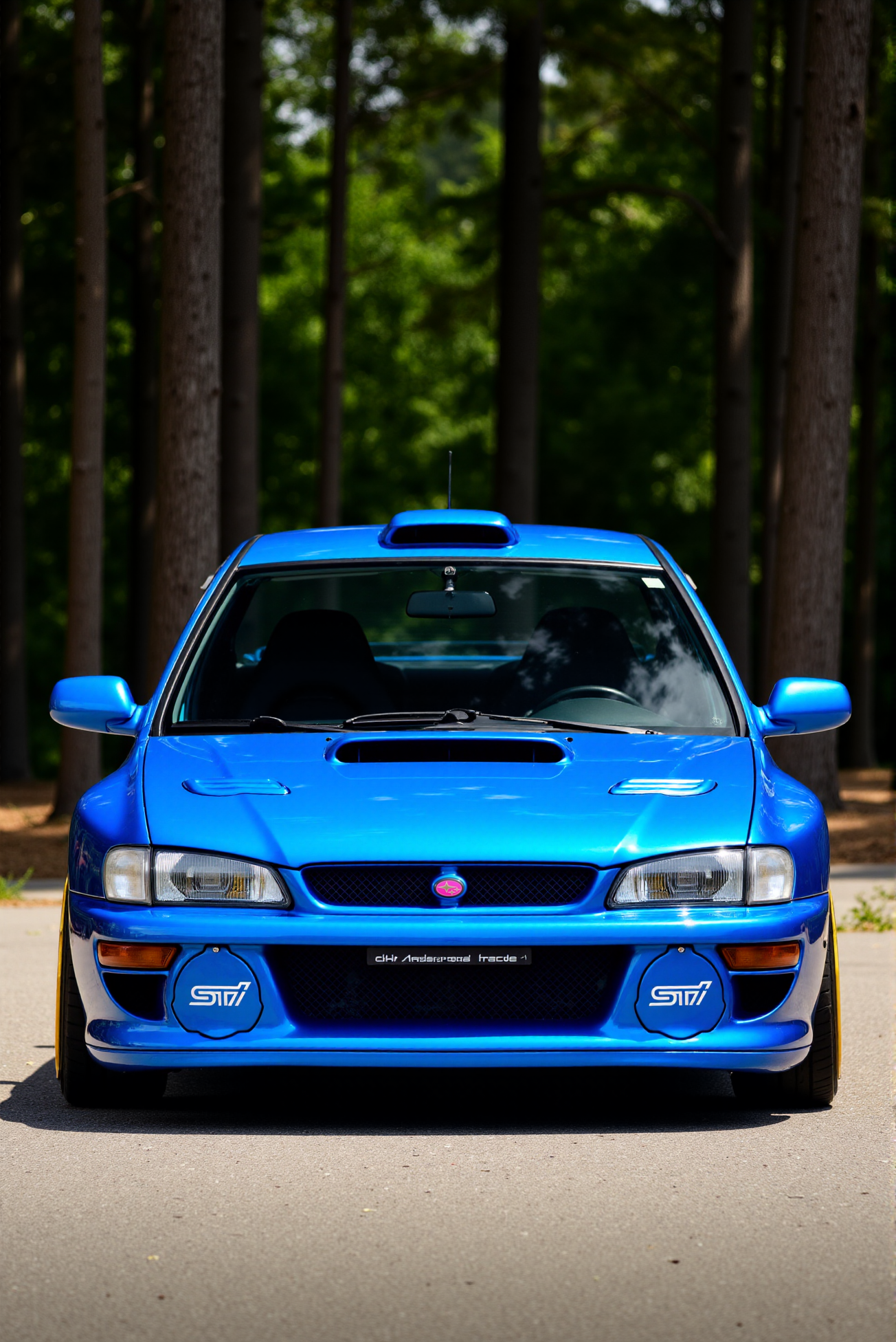 <lora:Subaru_Impreza_WRX_STI_22b:0.8>
A vivid World Rally Blue Subaru Impreza STI coupe captured in a medium-wide front three-quarter angle, parked against a forest of tall conifers with their dark trunks creating stark vertical contrasts. Gold six-spoke wheels, bold fender flares, and a prominent hood scoop signal aggressive rally styling, with a (pink Subaru badge affixed to the black mesh front grille). Crisp shadow gradients fall across the sculpted hood and bumper, while the gloss of the paint reflects filtered sunlight through the trees. Detailed texturing reveals subtle grime in wheel wells and under the front lip, all rendered in clean photorealism with vibrant color balancing, emphasizing the vehicle's stance and geometry in a stylized motorsport portrait.