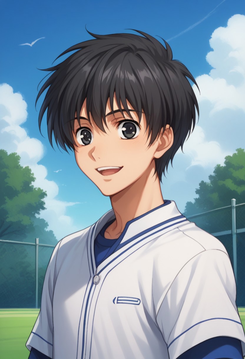 score_9, score_8_up, score_7_up, source_anime, highly detailed,
YuriShibuya, 1boy, male focus, sportswear, solo, black hair, black eyes, baseball uniform,
day, sky, outdoors, smile, cloud, fence, tree, upper body, smile, open mouth,