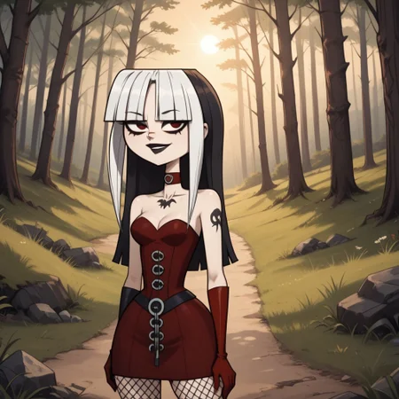 score_9, score_8, BREAK, solo, dark red corset, goth, blunt bangs, dark red gloves, long hair, red eyes, makeup, knee boots, high heel boots, fishnets, chest tattoo, choker, breasts, total drama, CrimsonTD, pale skin, white skin, black lips, lipstick, multicolored hair, black hair, white hair, sexy pose, self portrait, smile, outdoors, sunlight, shadows, evening lighting, natural lighting, forest, trees, grass, orange sky, sunset