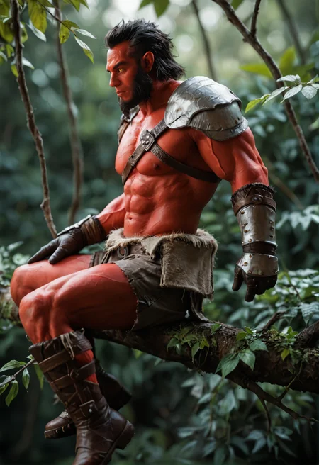<lora:axe_v4:0.8> axe_v4
1boy,
colored skin, red skin,
black hair,
facial hair, beard,
muscular, muscular male,pectorals,
yellow eyes,
pointy ears,
bare top, shoulder armor, boots, gloves,, score_9, score_8_up, score_7_up, score_6_up, derpibooru_p_95,
detailed eyes, beautiful, detailed background, perfect eyes,
blur censor, blurry, blurry background, blurry foreground, bokeh, motion blur,
chromatic aberration, depth of field, figure, focused, focus
photography, realistic sun light and shadows, photorealism, UHD --ar 9:16 --style raw --stylize 700,
solo,
A waterfall in a lush jungle with monkeys swinging from vines,, ((((sitting on branch)))), holding onto branch, side view, leaning backwards, one leg down)