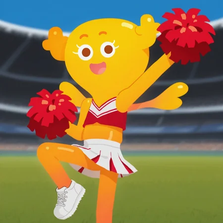 uncensored, masterpiece, best quality, highly detailed, realistic, 1girl, solo, PenFGB, female humanoid, fairy, antlers, orange eyebrows, white eyelashes, dark-orange eyes, yellow skin, multicolored skin, small wings, smile, open mouth, tongue, looking at viewer, raised foot, standing on one leg, blue sky, grass, stadium, (front view), detailed background, (cheerleader uniform, cheering, white skirt, red crop top, raised arm, red pom poms), three-quarter portrait, white shoes, blurry background