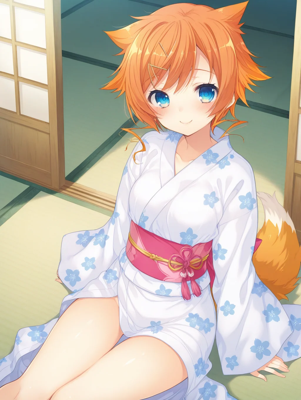 (masterpiece,best quality,ultra_detailed,highres,absurdres:1.2,amazing quality,very aesthetic),<lora:Bihou Shihou&Bijiku Shichuu_ilxl_v1-000010:0.8>,1girl,solo,blue eyes,smile,orange hair,tail,blush,looking at viewer,short hair,yukata,bijiku shichuu \(Koihime  Musou\),tatami,sitting,(artist:kurumi \(recycllamo\):0.95),artist:mika pikazo,artist:kazutake hazano,(artist:kedama milk:0.95),(artist:ask \(askzy\):0.95),artist:wanke,artist:fujiyama,