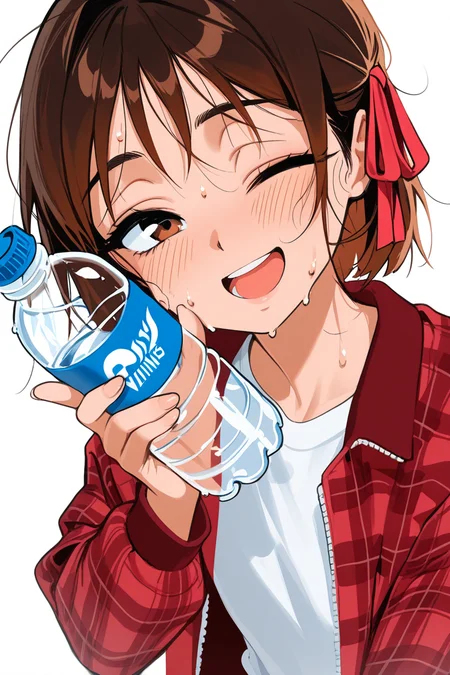 masterpiece, best quality, amazing quality,
<lora:VIVINOS_IL:1> vivinos, 1girl, one eye closed, solo, water bottle, brown hair, bottle, shirt, white background, open mouth, holding, looking at viewer, blush, jacket, ribbon, white shirt, hair ribbon, simple background, holding bottle, smile, sweat, plaid, upper body, short hair, red jacket, ;d