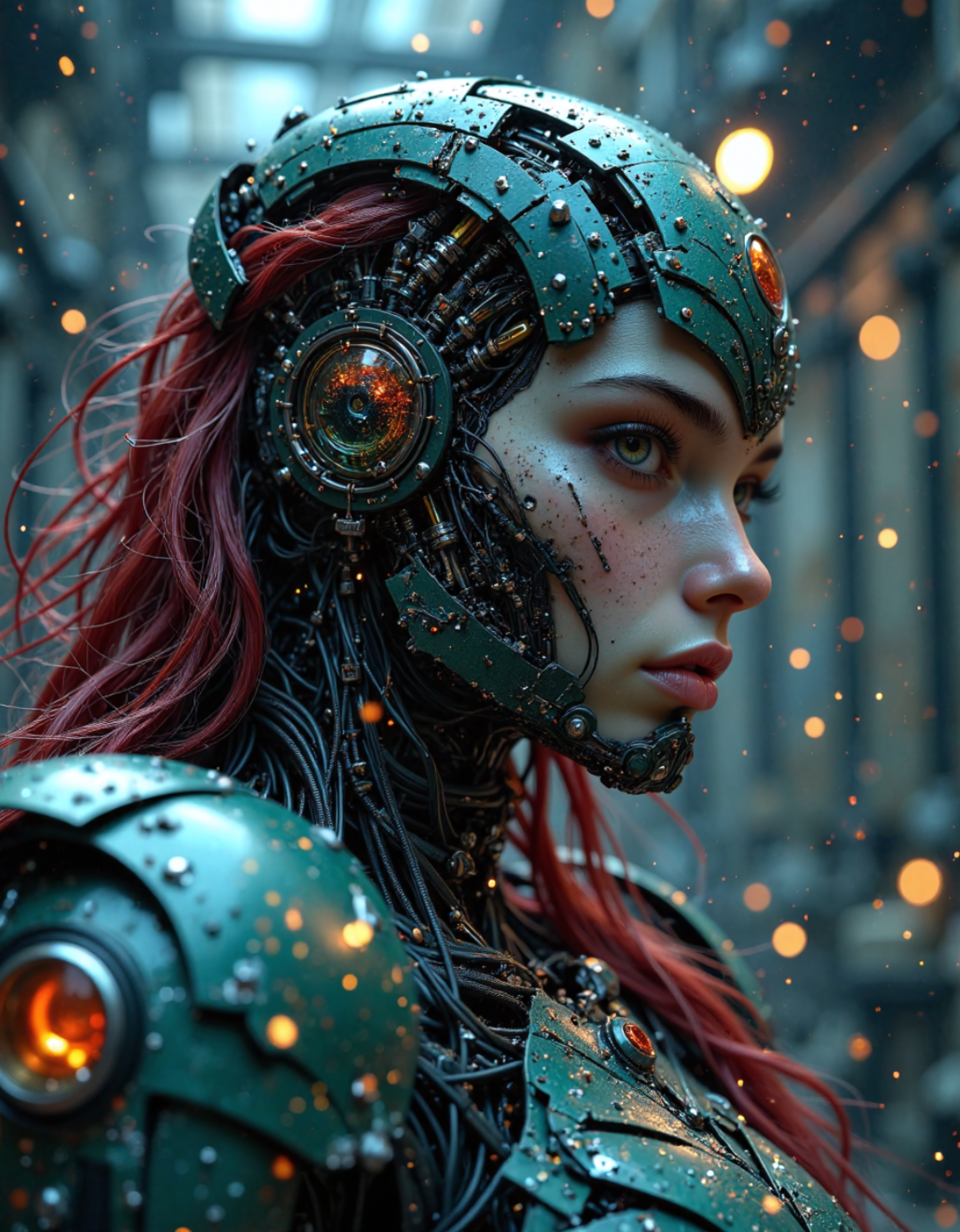 cybernetic robot (dark mood masterpiece Photography:1.2), a portrait of Ariel from The Little Mermaid, modern, fuzzy lighting, dark mood, (rule of thirds composition), mysteriouse, emotional, highly detailed, melancholic, refraction, low-light hyper detailed photography, partially damaged armour, wide shot,medium close-up,style by ryohei hase,light and shadow plays,soft and diffused lighting . android, AI, machine, metal, wires, tech, futuristic, highly detailed
