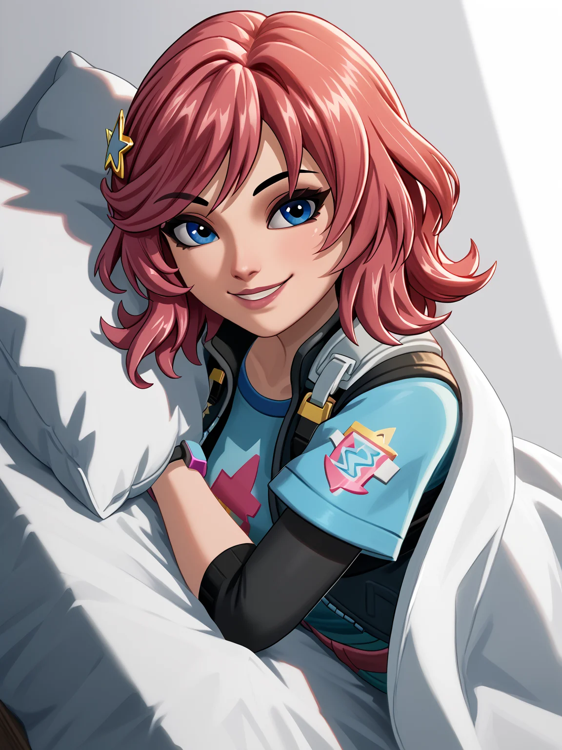 <lora:Undercover Skye (Fortnite):0.85> undercoverskye, smile, <lora:shiUnderCoversV1Main.safetensors:1>, shiundercover, under covers, bed invitation, lying, on side, on bed, pillow,