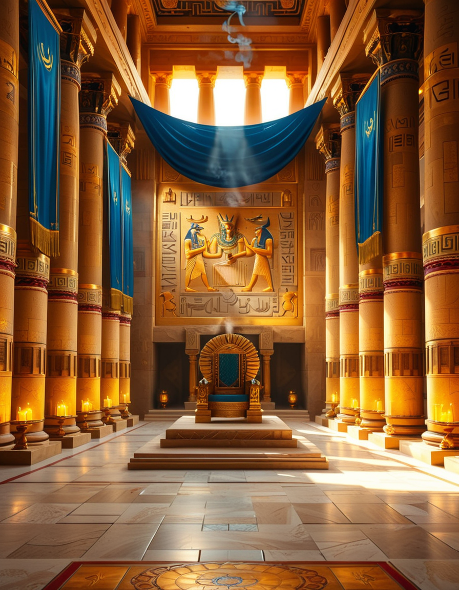 A grand and majestic ancient Egyptian throne room, illuminated by the warm glow of oil lamps and torches mounted on the intricately carved sandstone walls. The room is vast, with towering columns adorned with gold-inlaid hieroglyphs and bas-reliefs depicting gods such as Ra, Osiris, and Anubis, as well as scenes of royal ceremonies and offerings. The walls are covered with colorful frescoes, painted in deep shades of blue, red, and gold, telling the stories of ancient pharaohs and their divine rule.
At the center of the hall, an ornate golden throne rests atop a raised stone platform, accessible by a few steps. The throne is adorned with intricate carvings of winged sun disks, sacred cobras, and falcon motifs, symbolizing power and divine protection. The seat and backrest are encrusted with lapis lazuli, turquoise, and carnelian, creating a striking contrast against the polished gold. Two large stone statues of sphinxes flank the throne, their watchful eyes seeming to guard the empty seat of power.
The polished limestone floor reflects the flickering golden light of the torches, creating an almost mystical atmosphere. Large braziers shaped like lotus flowers release thin trails of fragrant incense smoke, adding to the sacred and mysterious ambiance of the room.
In the background, massive stone doors, partially open, reveal a glimpse of an open courtyard with palm trees and a distant view of the Nile River under a twilight sky. Through the high ceilings, small openings allow beams of moonlight to filter in, casting soft silver highlights across the chamber, blending with the warm tones of the torchlight.
The atmosphere is one of silence, mystery, and timeless majesty, as if the room has been left untouched for centuries, awaiting the return of a forgotten ruler.
<lora:SDXLFaeTastic2400:0.4> <lora:extremely_detailed:0.4> extremely detailed, <lora:ancient_Egyptian_thr0n3_r00m:1>,ancient Egyptian thr0n3 r00m, Masterpiece,best quality,hi res,8k,hi res,8k,award winning,(sharp focus, intricate, highly detailed),