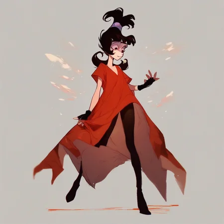 score_9, score_8_up, score_7_up, score_6_up, score_5_up, score_4_up, 1girl, Lydia Deetz, red dress, black pantyhose, long black fingerless gloves