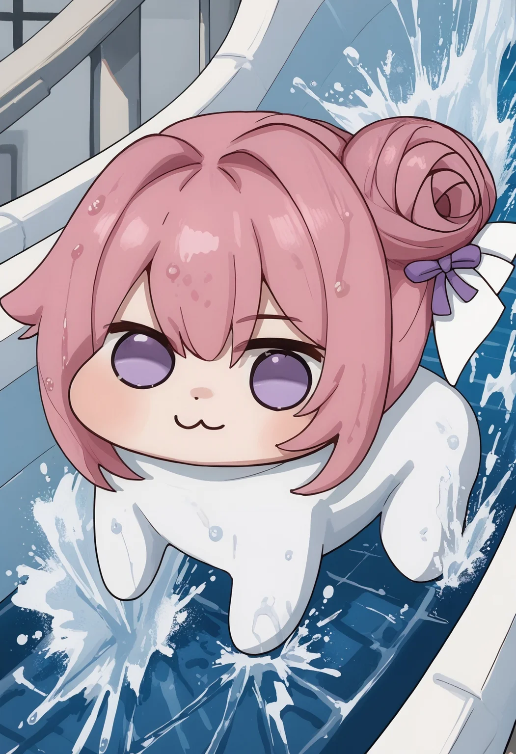 water slide,splashing,water,wet, doro, creature, :3, chibi, pink hair, purple eyes, hair bun, hair bow, no humans, white skin, four legs, solid circle eyes, no pupils, upside-down, all fours,
score_9,score_7_up <lora:water_slide_V1_edited_edited:1> <lora:Doro_X_PDXL_V1:1>