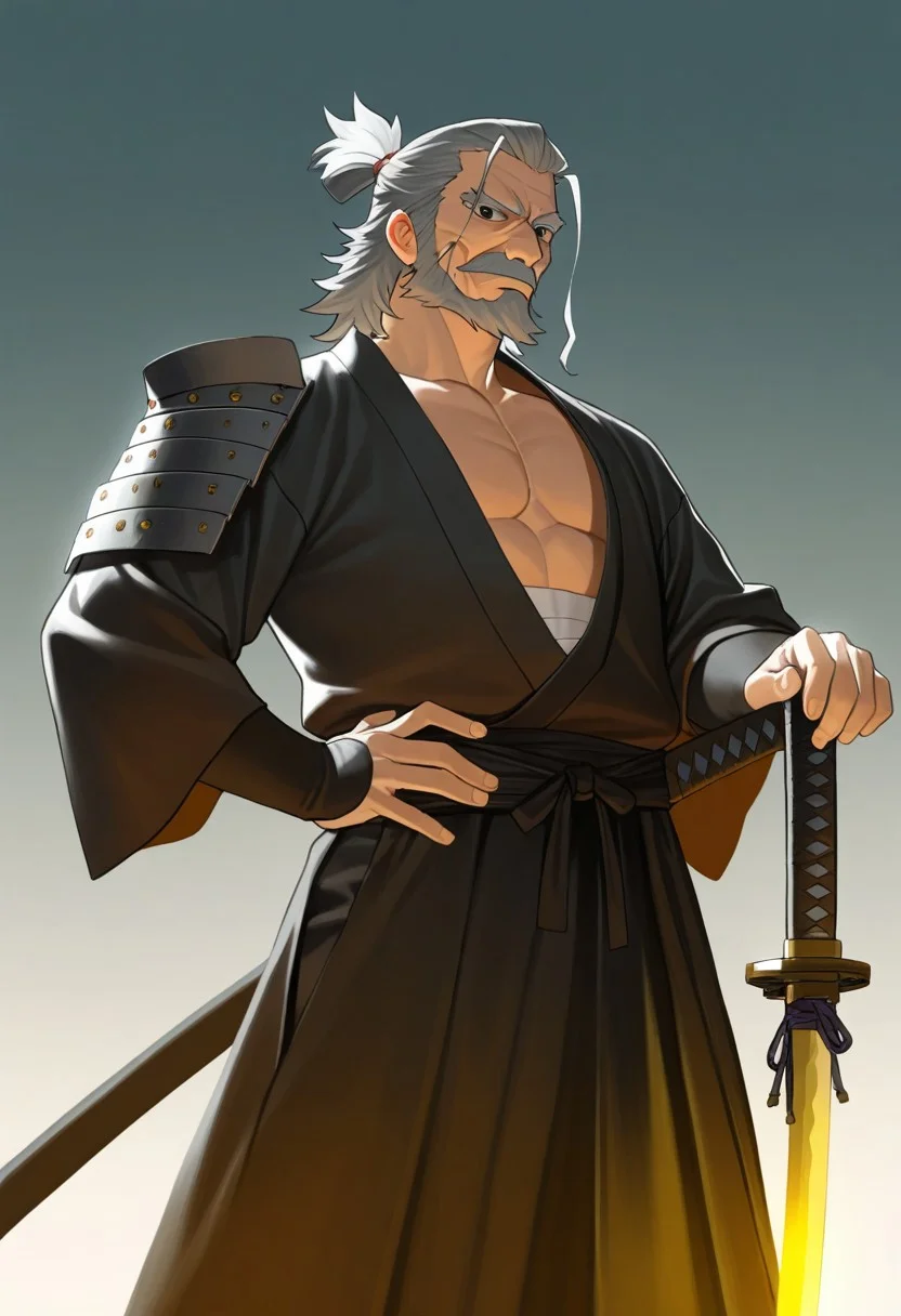 1boy, older male, mature male, An elderly samurai with long, flowing grey hair tied in a loose topknot, his scarred, weathered face exuding wisdom and resolve. He’s dressed in a tattered kimono with muted red and black hues, adorned with battle-worn lightweight armor. His katana, sheathed at his hip, has a rugged hilt wrapped in dark cloth. Rendered in a vibrant anime style inspired by Danmachi—crisp black outlines, soft gradient shading, and a heroic yet grounded presence. The scene is set on a misty battlefield at dawn, with faint warrior silhouettes in the distance and a warm golden glow piercing the fog. Masterpiece, best quality, highly detailed, dynamic composition, dramatic anime lighting.