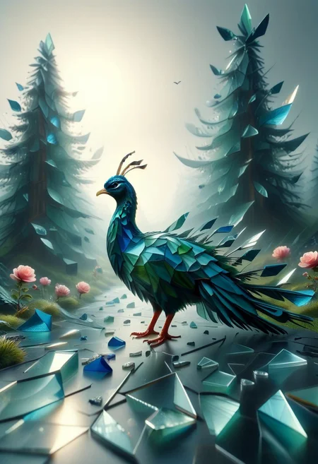mesmerizing geometric patterns, geometric complexity, The wind , clouds high, tall trees, forest pathways, bloom of roses, bees, (peacock made of mesmerizing geometric patterns of Glass Shard:1.5), grass. honeycomb, curvilinear
, score_9, score_8_up, score_8_up, masterpiece,super detailed face, super high resolution, FaceDetail, masterpiece-level, highly detailed, intricate details, detailed background, complex background, cinematic, intricately detailed illustration, depth of field, masterpiece, best quality, amazing quality, very aesthetic, absurdres, newest, very awa, shadow, lazympos, lazypos