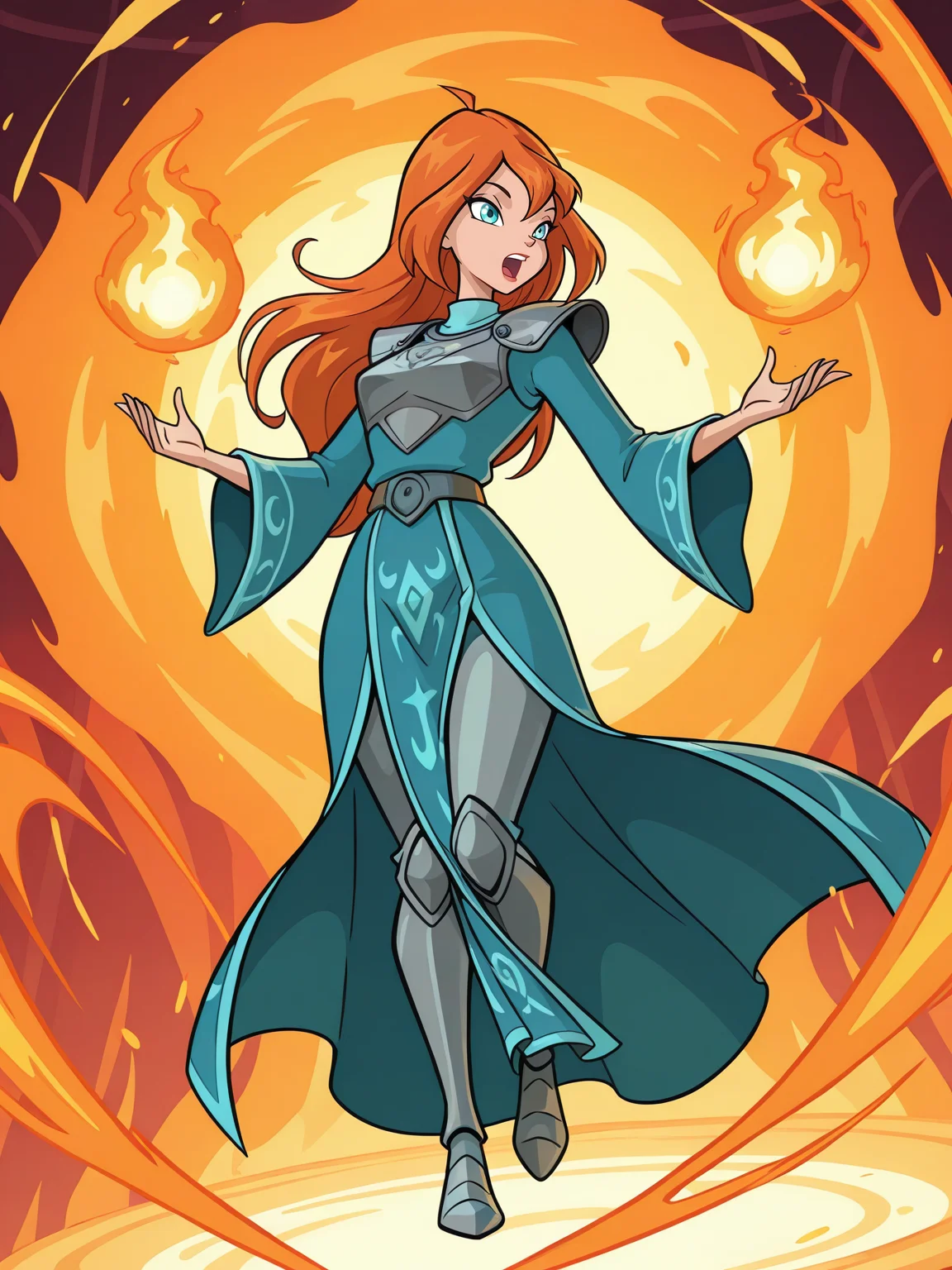 <lora:winxBloomIL:0.8> bl_oom, 1girl, ginger hair, blue eyes,
magic, magic robe, steel armor,glowing liens, fireball, action, full body, glowing background, magic background