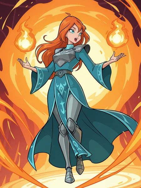 <lora:winxBloomIL:0.8> bl_oom, 1girl, ginger hair, blue eyes,
magic, magic robe, steel armor,glowing liens, fireball, action, full body, glowing background, magic background