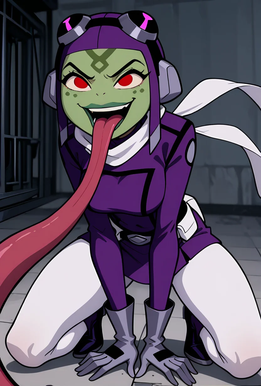 <lora:attea-07:1>, attea, green skin, 1girl, red eyes, goggles, short hair, purple hair, white scarf, purple bodysuit, purple helmet, green lips,white pants, grey gloves, short purple skirt, dynamic pose, expressive face, cartoon, screencap, evil smile, long tongue, extremely long tongue, frog tongue, open mouth, crouching,, masterpiece, best quality, amazing quality, very aesthetic, absurdres, newest,