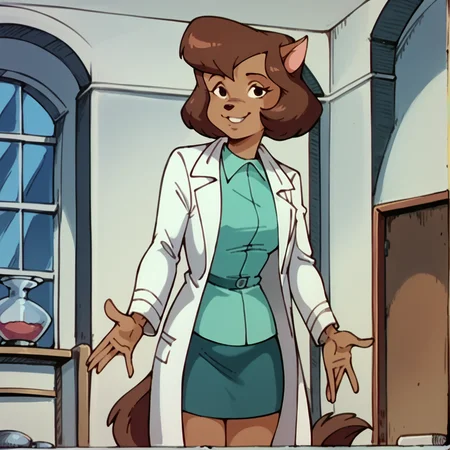 score_9, score_8_up, score_7_up, score_6_up, score_5_up, score_4_up, abbysinian. <lora:abby_sinian:1>, 1girl. solo, smile, breasts, tail, brown fur, short hair, brown hair, indoors, labcoat, collared shirt, smile, aqua shirt, pencil skirt, looking at viewer, detailed, cat ears, standing,
