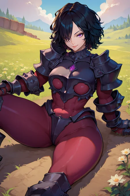 score_9, score_8_up, score_7_up, score_6_up, source_anime, 1girl, solo, <lora:berengaria-pdxl-nvwls-v1-000006:1> berengaria, black hair, short hair, purple eyes, hair over one eye, maroon bodysuit, long sleeves, black armor, gauntlets, thighs, wide hips, spread legs, sitting, on ground, field, looking at you, smile, big breasts