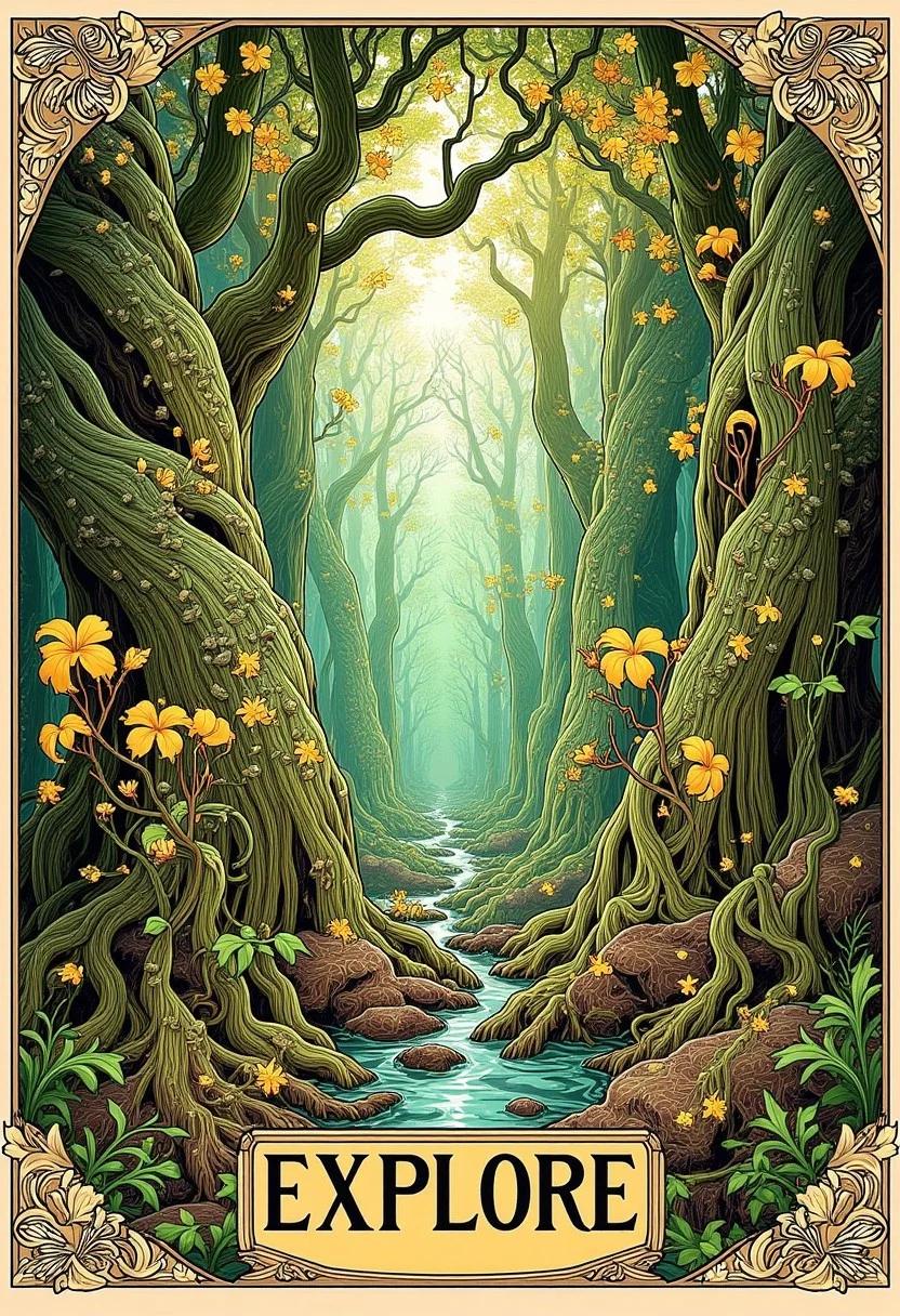 Wild forest with towering ancient trees, poster with the text “EXPLORE”, visual flourishes of leaves and vines, illustration in the style of ARTNV