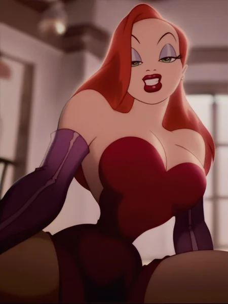 score_9, score_8_up, score_7_up, score_6_up, 1girl, sitting, spread legs, on floor, sexy pose, looking at viewer, light smile, from side, from below, white lights, solo, cowboy shot, open her own mouth with her fingers, 
 <lora:JessicaRabbit_character:0.85>, JessicaRabbitXLP, red dress, bare shoulders, elbow gloves, cleavage, narrow waist, large breasts, wide hips, green eyes, makeup, eyeshadow, lipstick, screencap, blurry background, detailed eyes,