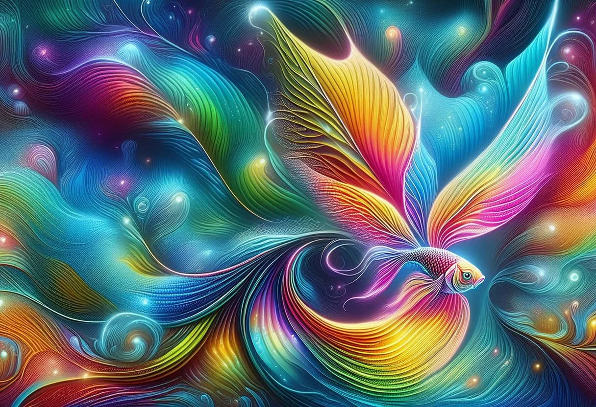 A colorful beta fish. Fantasy illustration, psychedelic art depicting an illusory, disturbed, abstract, ephemeral, elusive and unstable visual narrative, digital painting, mesmerizing and highly detailed, vivid colors, surrealism, psychedelic background, intricate details, 3D rendering, oil painting, delicate, octane rendering.