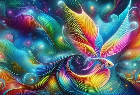 A colorful beta fish. Fantasy illustration, psychedelic art depicting an illusory, disturbed, abstract, ephemeral, elusive and unstable visual narrative, digital painting, mesmerizing and highly detailed, vivid colors, surrealism, psychedelic background, intricate details, 3D rendering, oil painting, delicate, octane rendering.