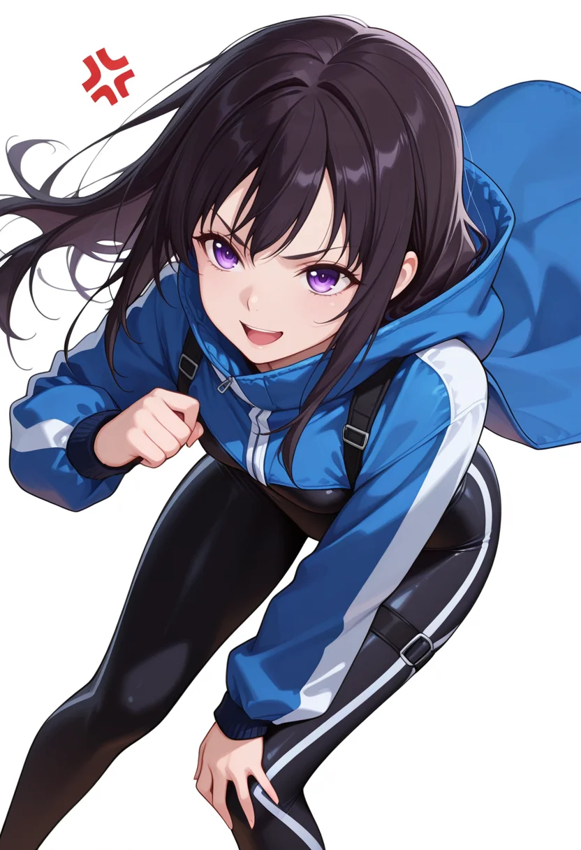 Smooth Quality,masterpiece,very intricate, high quality details, ultra realistic, high detailed skin,detailed enviorement,absurdres,
hand on own knee,:d, 
 <lora:Yozora_Mikazuki_CNR:0.8> yozora_cnr, 1girl, black hair, long hair, purple eyes,, simple background, white background, dynamic angle,solo,, anger vein,serious,, cape ,windbreaker,spats, ,o-ring legwear,