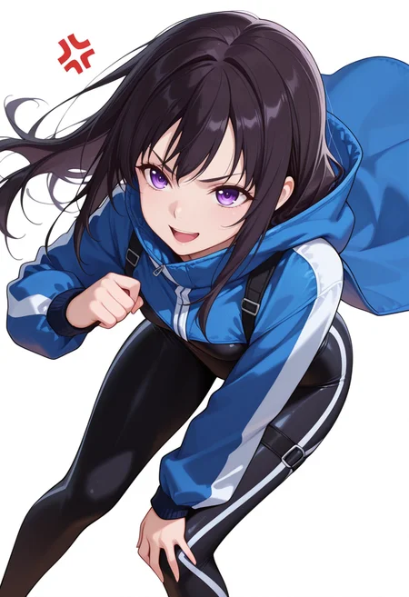 Smooth Quality,masterpiece,very intricate, high quality details, ultra realistic, high detailed skin,detailed enviorement,absurdres,
hand on own knee,:d, 
 <lora:Yozora_Mikazuki_CNR:0.8> yozora_cnr, 1girl, black hair, long hair, purple eyes,, simple background, white background, dynamic angle,solo,, anger vein,serious,, cape ,windbreaker,spats, ,o-ring legwear,
