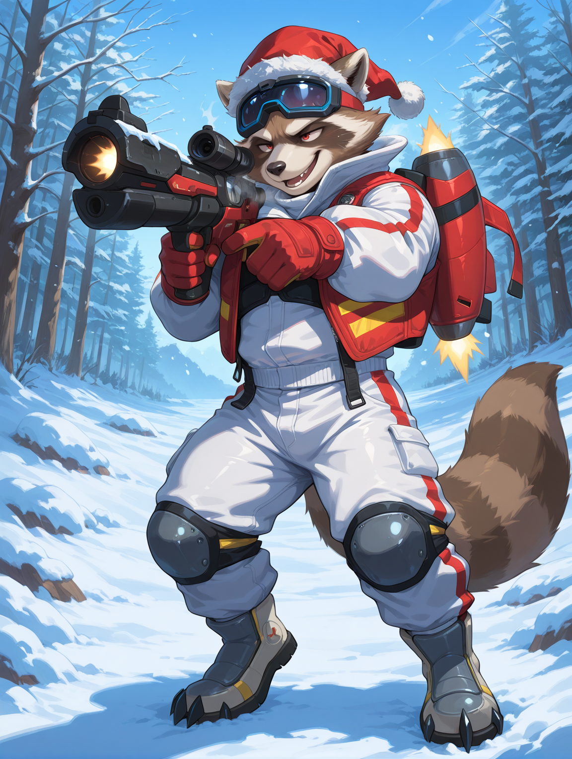 <lora:Rocket Raccoon-ChristmasSkin-illustriousXLNEW-000012:0.8>,rocket raccoon,furry,1boy,solo,plump,furry male,male focus,raccoon,red eyes,seductive_smile,winter combat uniform,goggles,pants,crampon boots,santa hat,gloves,open mouth,holding gun,aiming,jetpack,tail,christmas,snow,ice,nature,full body,digital painting,artwork,anime style,masterpiece,best quality,amazing quality,