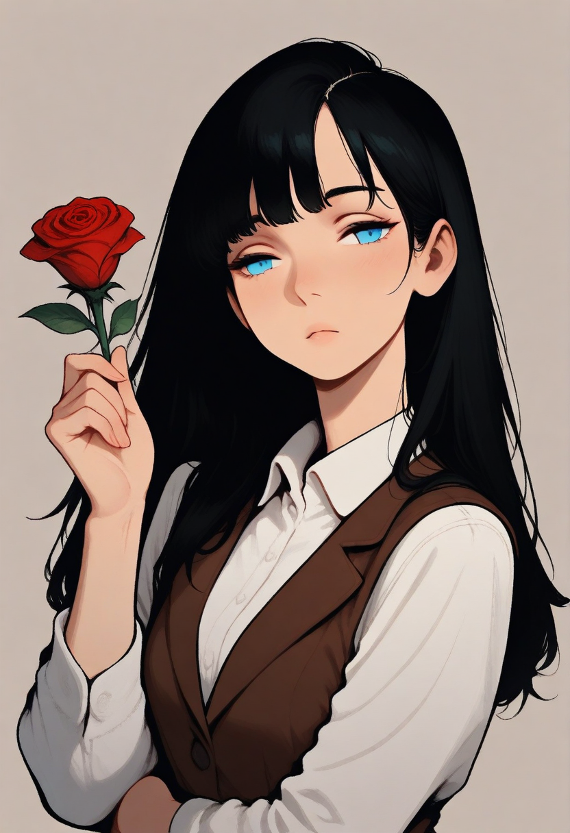 stylized, masterpiece, best quality, very aesthetic, Eleanor \(people's works\), 1girl, solo, facing viewer, looking to the side, hand up, hand on own elbow, holding rose, simple background, looking to the side, upper body