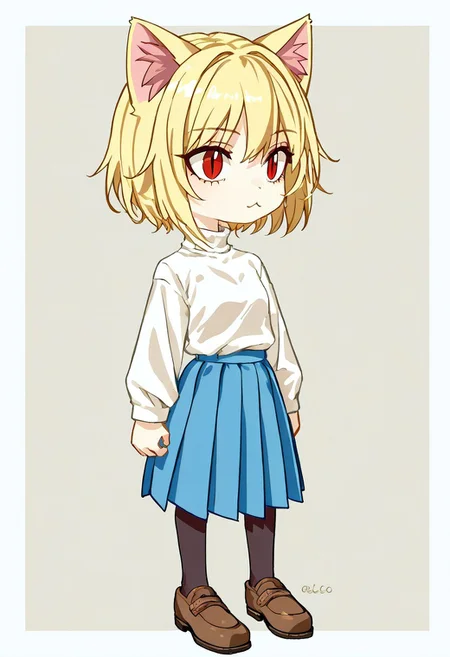 source_9, source_8, source_7, source_6,3zu, necoarc, blonde hair, red eyes, slit pupils, cat ears, :3, chibi, turtleneck, white shirt, blue skirt, pleated skirt, pantyhose, brown footwear, profile, portrait, collarbone