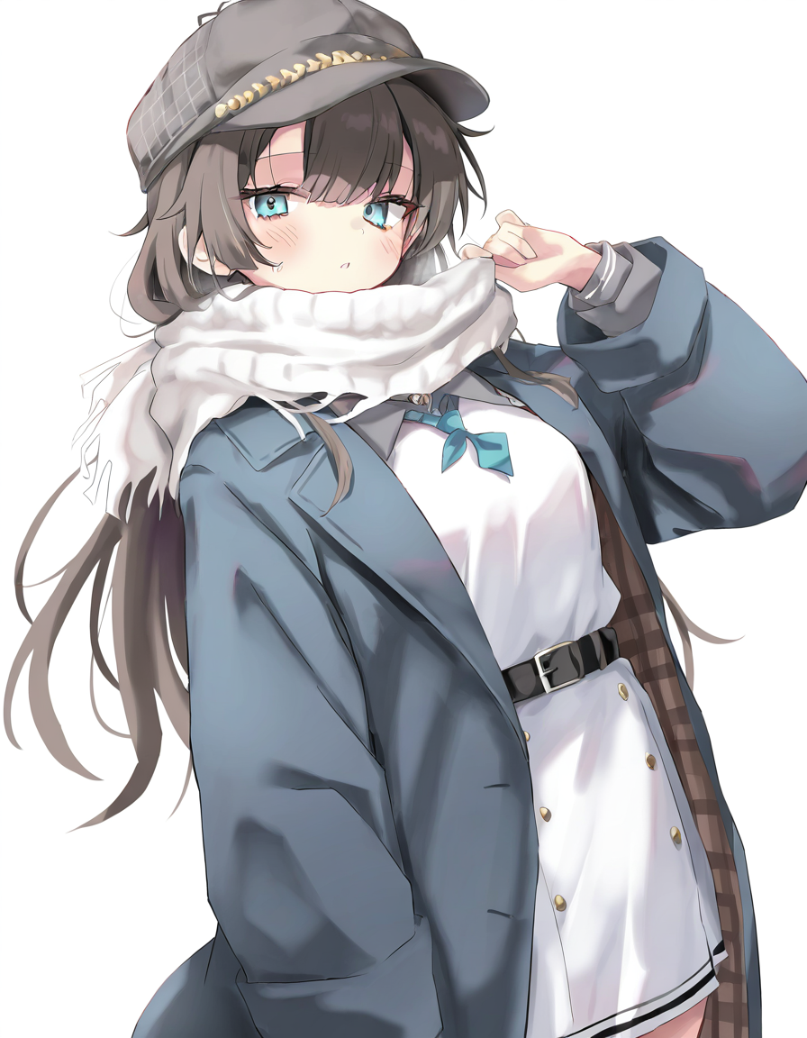 1girl,solo,looking at viewer,simple background,white background,cowboy shot,marcus,hat,<lora:marcus-000008:1>,, masterpiece, best quality, very aesthetic, absurdres,newest, incredibly absurdres,, toshizou \(0714\)