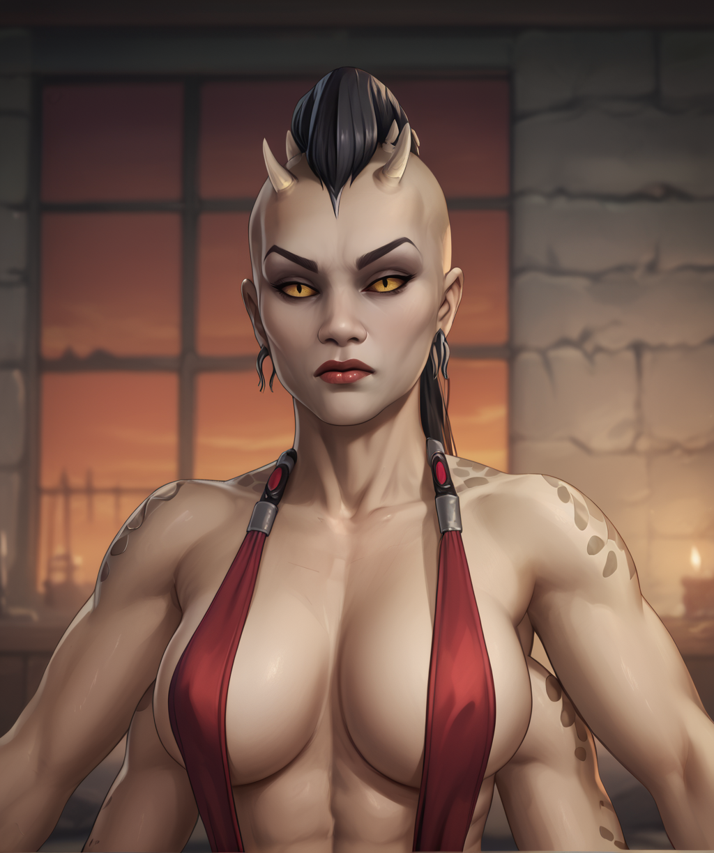 score_9, score_8_up, score_7_up, score_6_up, score_5_up, score_4_up, 
shvamkxl, 4 arms, yellow eyes, black hair, mowhawk, ponytail, makeup, small horns, tattoo, 
upper body, looking at viewer, 
slingshot swimsuit, earrings, 
dungeon, red sky, 
solo, indoors, 
<lora:Sheevamk9xl:1>,