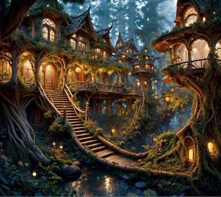 RAW photo, (masterpiece:1.3), subsurface scattering, heavy shadow, (high quality:1.4), (intricate, high detail:1.2), professional photography, HDR, High Dynamic Range, realistic, ultra realistic, photorealistic, high resolution, film photography, ambient lighting, atmospheric effects, <lora:detail_slider_v4:2>, OverallDetail, a highly detailed WoodElf fantasy settlement, bridges, forest, treehouses, <lora:WoodElf-10:1>, style-sylvamagic, epiCPhoto
