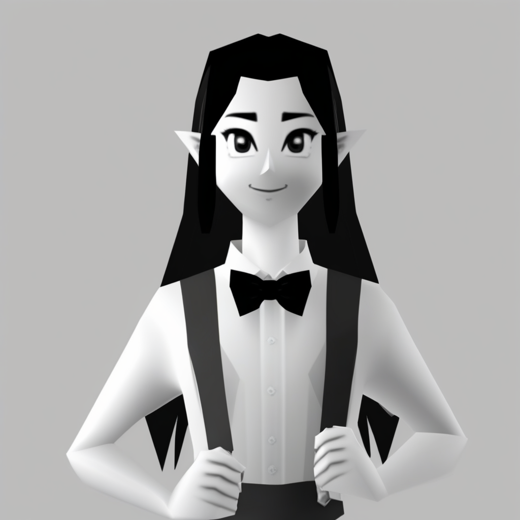 n64style, ocarinaoftime, mariya takeuchi plastic love sweetest music album cover, monochrome, black hair, looking at viewer, suspenders, bowtie, long hair, grey background, bushy hair <lora:d64-v2-rc1:1.1>